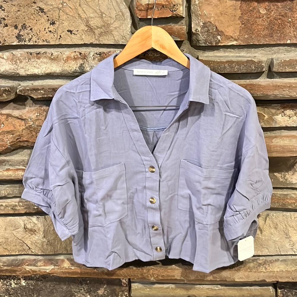 Altar'd State Pale Indigo Linen Blend Cropped Boxy Button Down Shirt